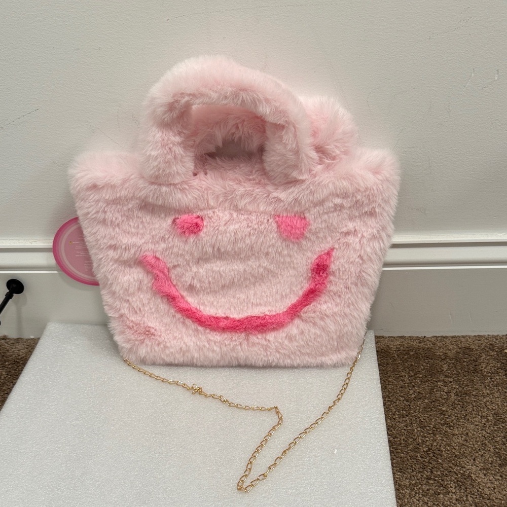 Danbar pink fuzzy smiley face crossbody bag purse NWT